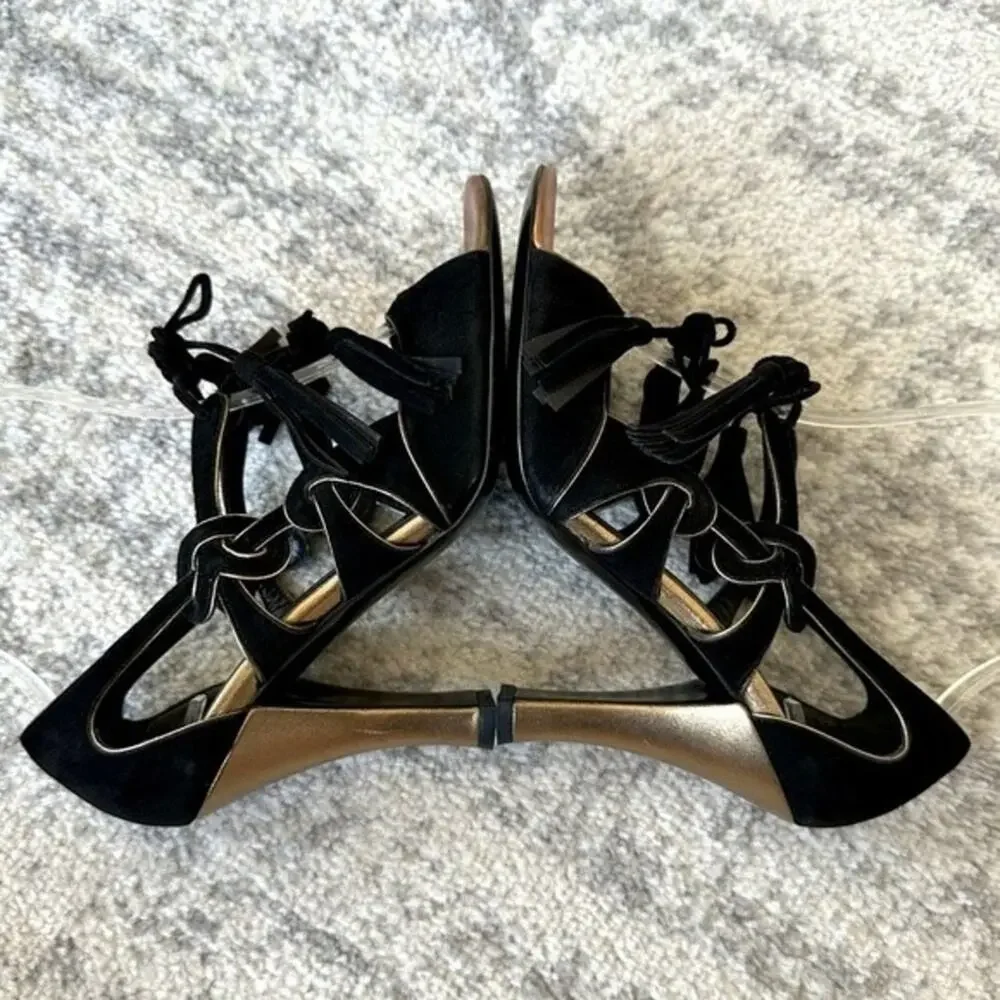 CHANEL Black Suede Tassel Lace Open Toe Heel Sandal IT 36